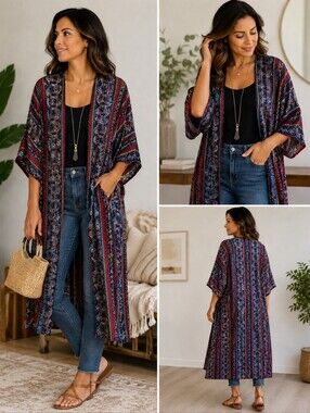 Forever 21 Navy and Burgundy Striped Floral Kimono